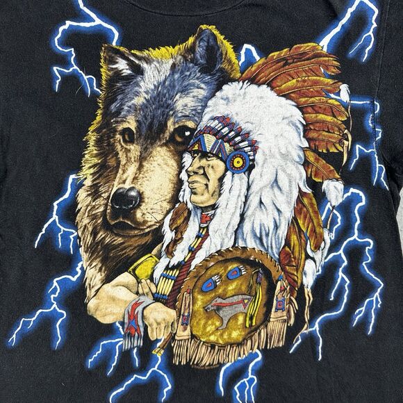 Vintage American Thunder Shirt‎ Large Native American Wolf AOP Short Sleeve - Picture 8 of 16